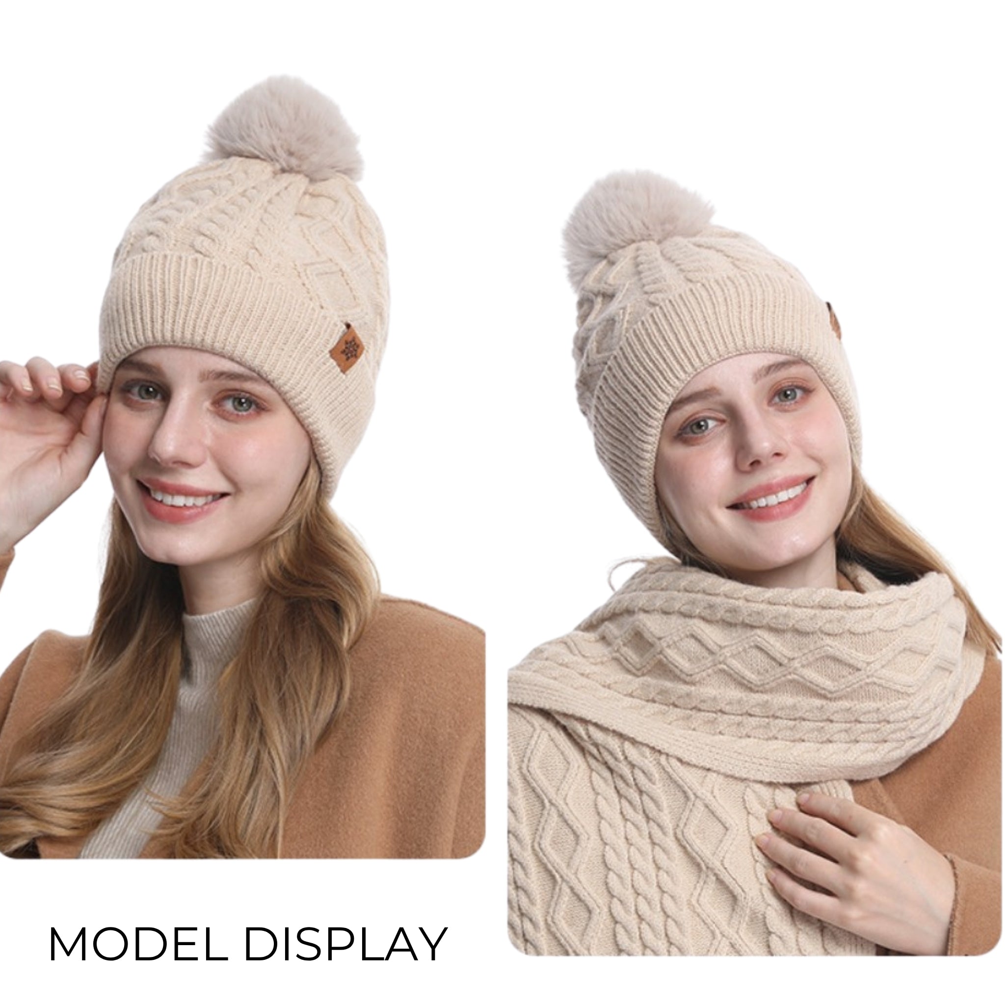 Women's 3D Knit Winter Set – Fleece Lined Hat, Scarf & Touchscreen Gloves
